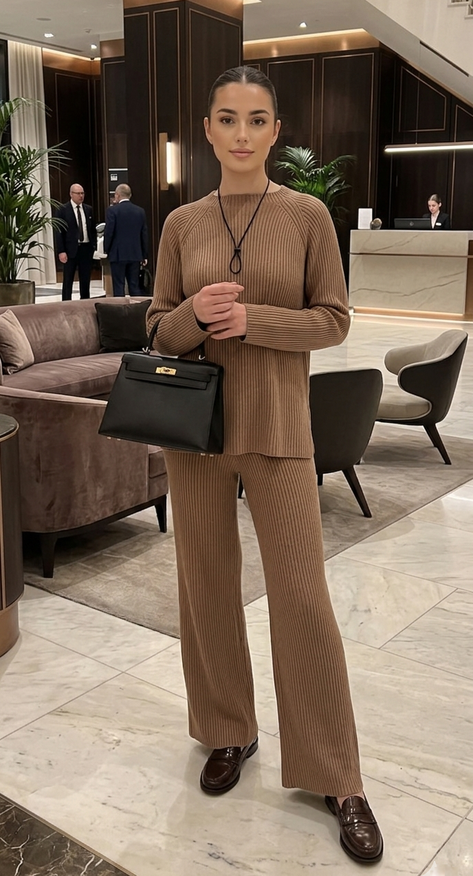 Knitted lounge set in camel brown