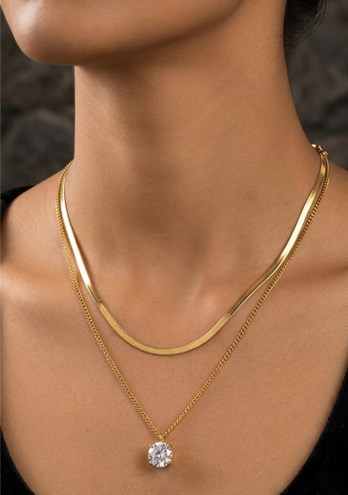 Gold Plated Layered Necklace Set – Herringbone & Diamond Solitaire
