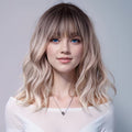 Short Wavy Ombre Wig with Fringe – Dark Brown to Ash Blonde | 35cm | High-Fibre Synthetic