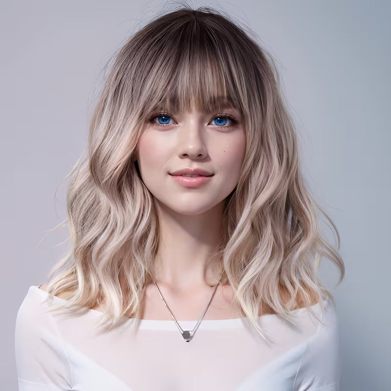 Short Wavy Ombre Wig with Fringe – Dark Brown to Ash Blonde | 35cm | High-Fibre Synthetic