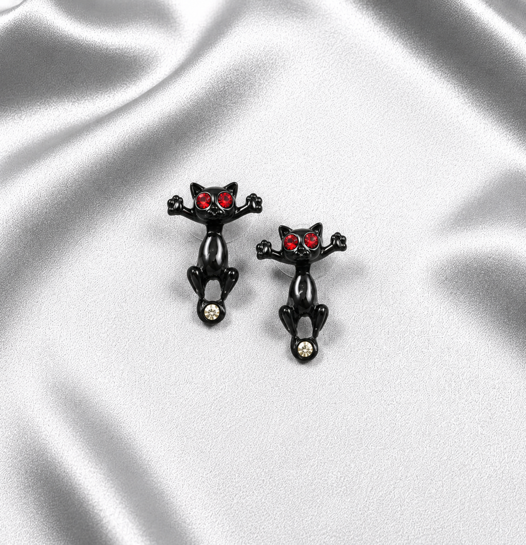 3D Two-Part Black Cat Earrings — Red Crystal Eyes