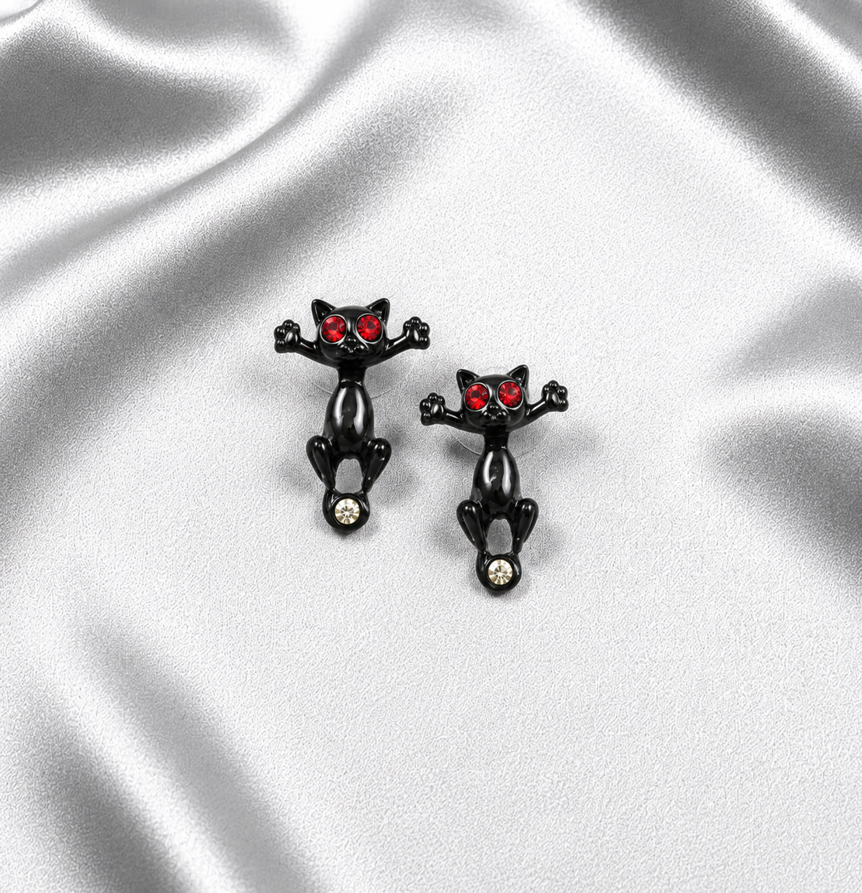 3D Two-Part Black Cat Earrings — Red Crystal Eyes