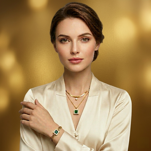 18K Gold Emerald Luxe Jewellery Set – Double Layer Necklace & Bracelet