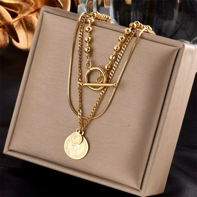 Gold Plated Layered Coin Necklace Set – Triple Chain with Toggle Clasp