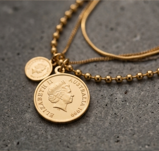 Gold Plated Layered Coin Necklace Set – Triple Chain with Toggle Clasp