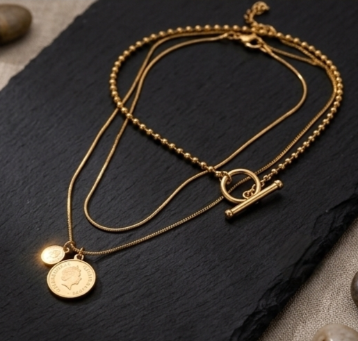 Gold Plated Layered Coin Necklace Set – Triple Chain with Toggle Clasp