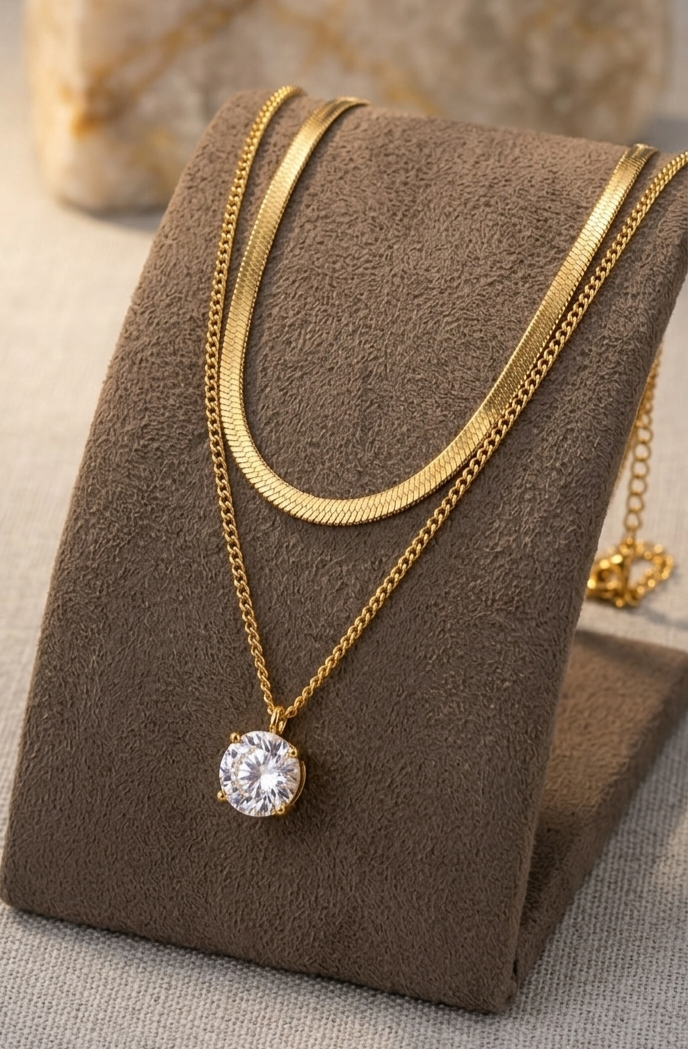Gold Plated Layered Necklace Set – Herringbone & Diamond Solitaire