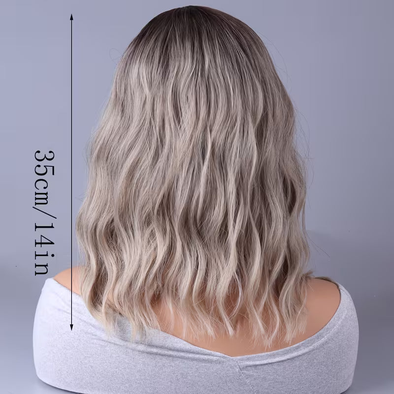 Short Wavy Ombre Wig with Fringe – Dark Brown to Ash Blonde | 35cm | High-Fibre Synthetic