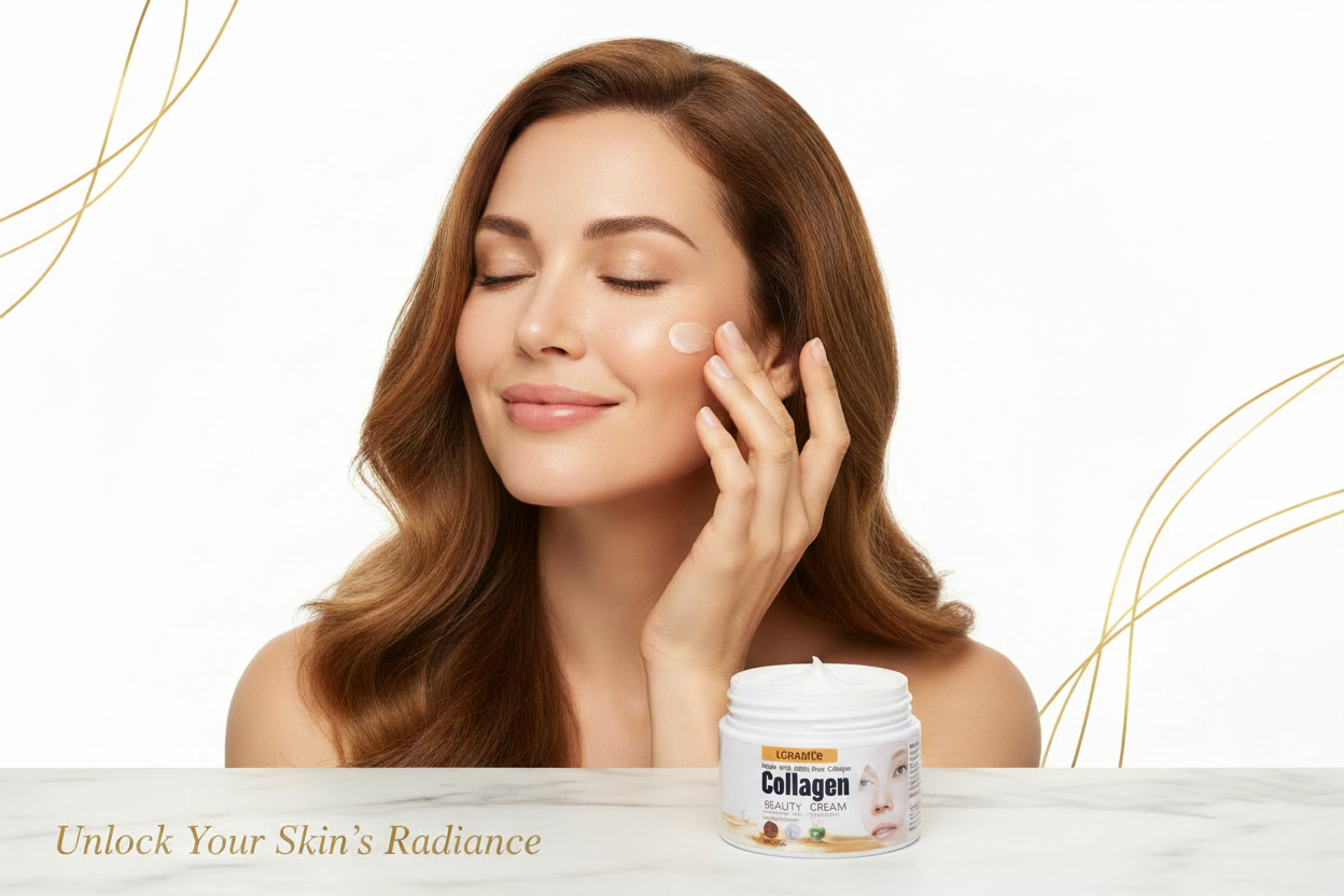 Woman applying LGRAMER Collagen Beauty Cream to her face with glowing skin