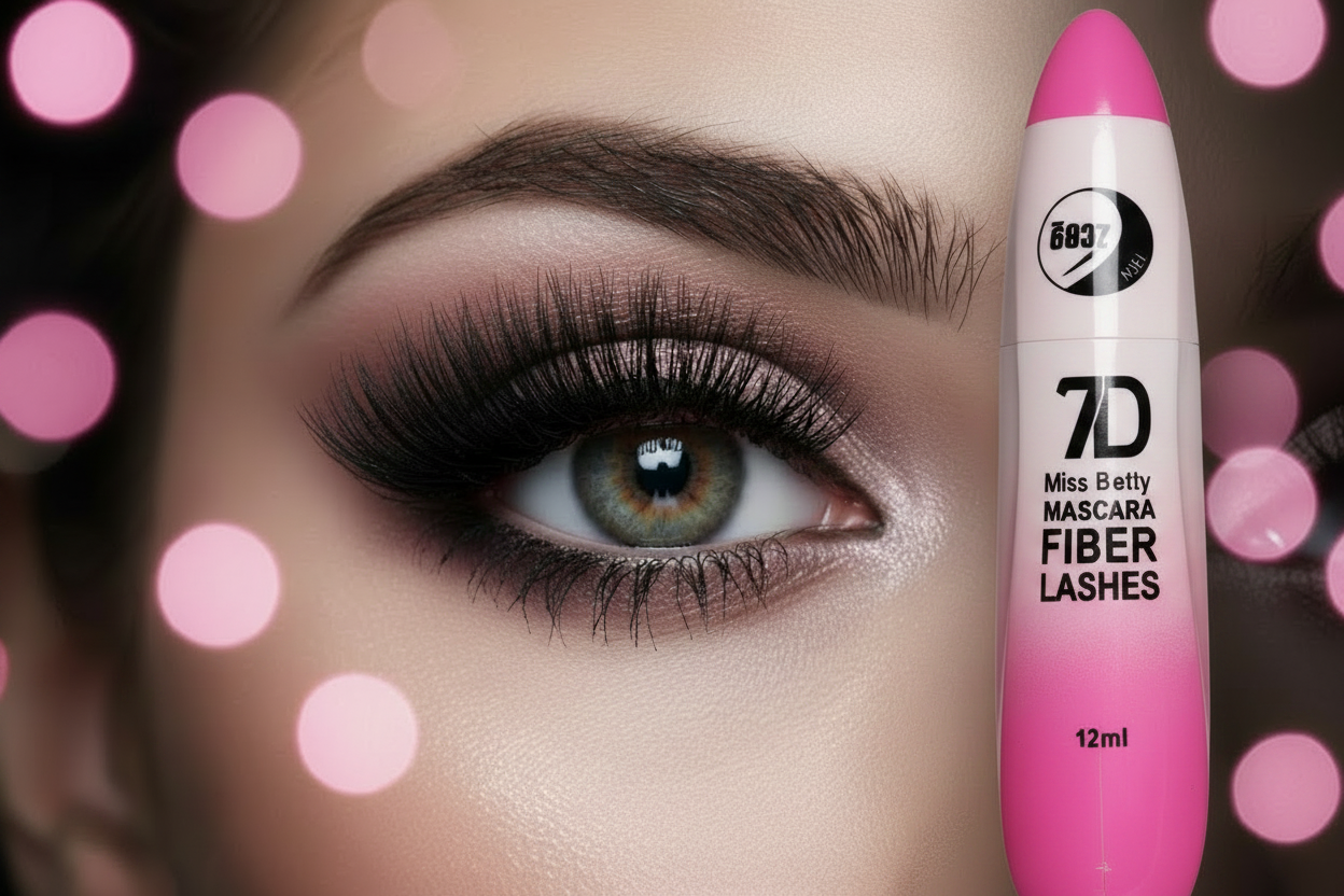 Close-up of dramatic volumised lashes with Miss Betty 7D Mascara inverted tip up
