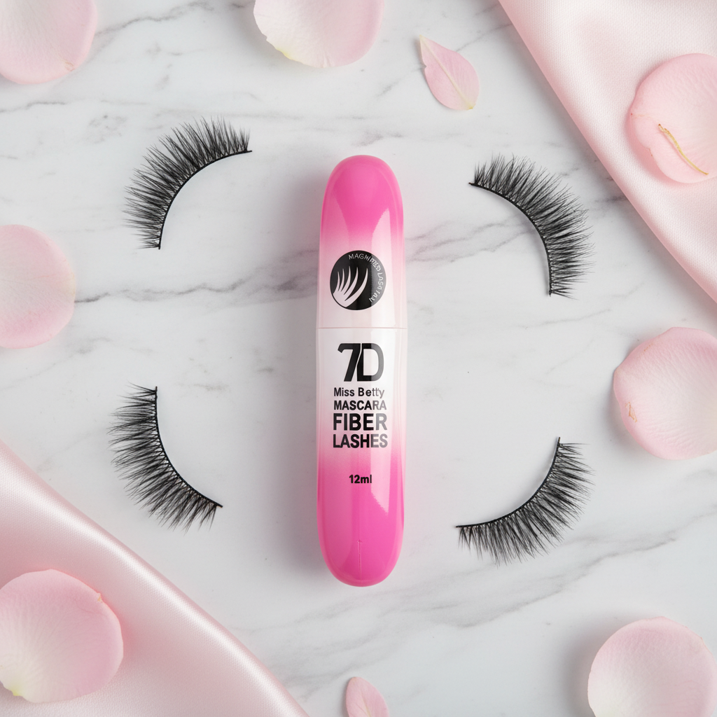 Miss Betty 7D Fiber Lashes Mascara flat lay with pink rose petals on white marble