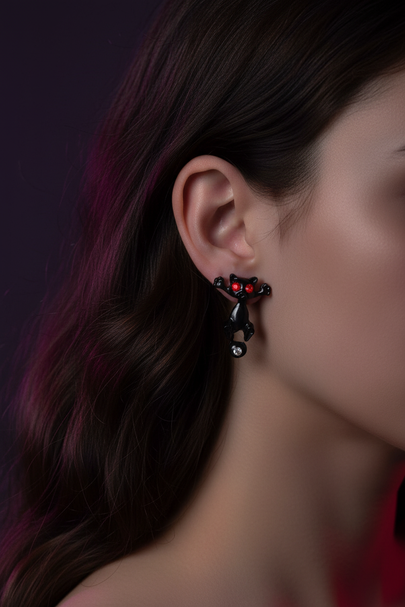 3D Black Cat Earrings - gothic lifestyle worn on ear