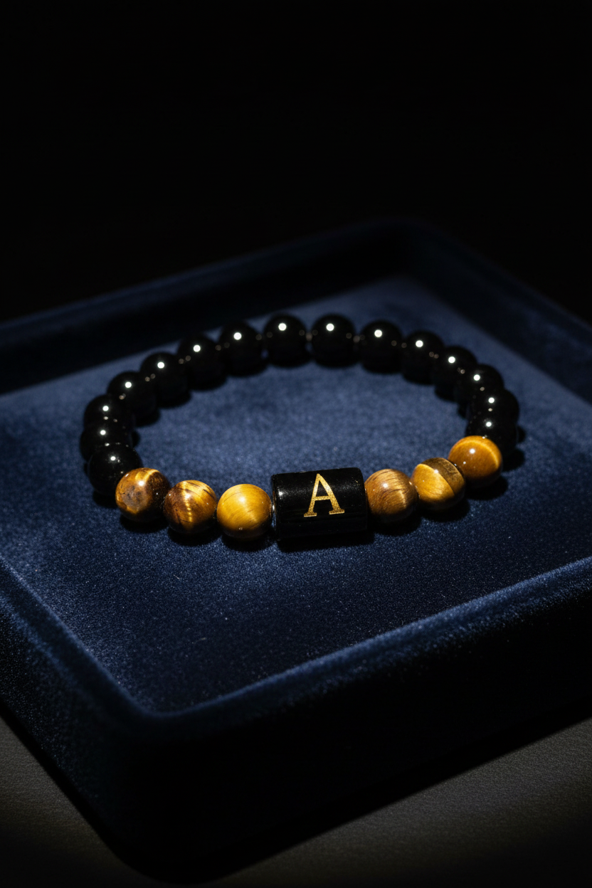 Personalised initial beaded bracelet on navy velvet tray with dramatic lighting