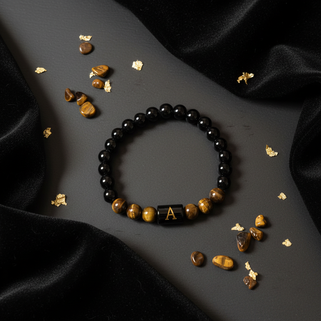 Personalised initial beaded bracelet flat lay on dark slate with gold accents
