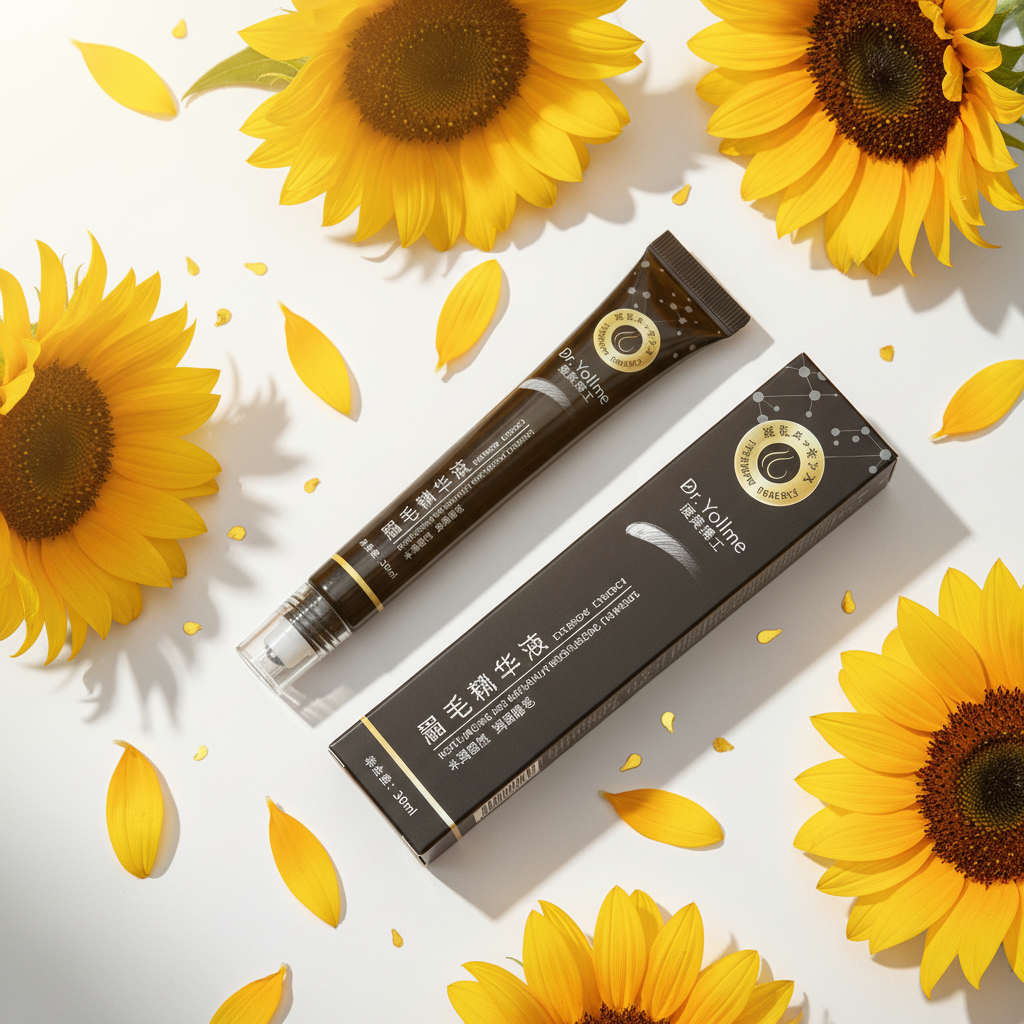 Dr. Yollme Eyebrow Essence tube laying on sunflowers