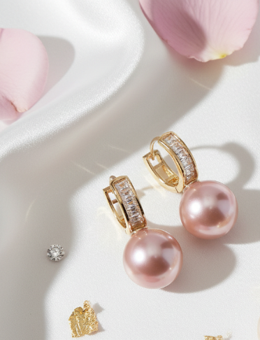 Pearl Drop Huggie Hoop Earrings – Mauve Pink Champagne Pearl with Crystal Gold Hoop