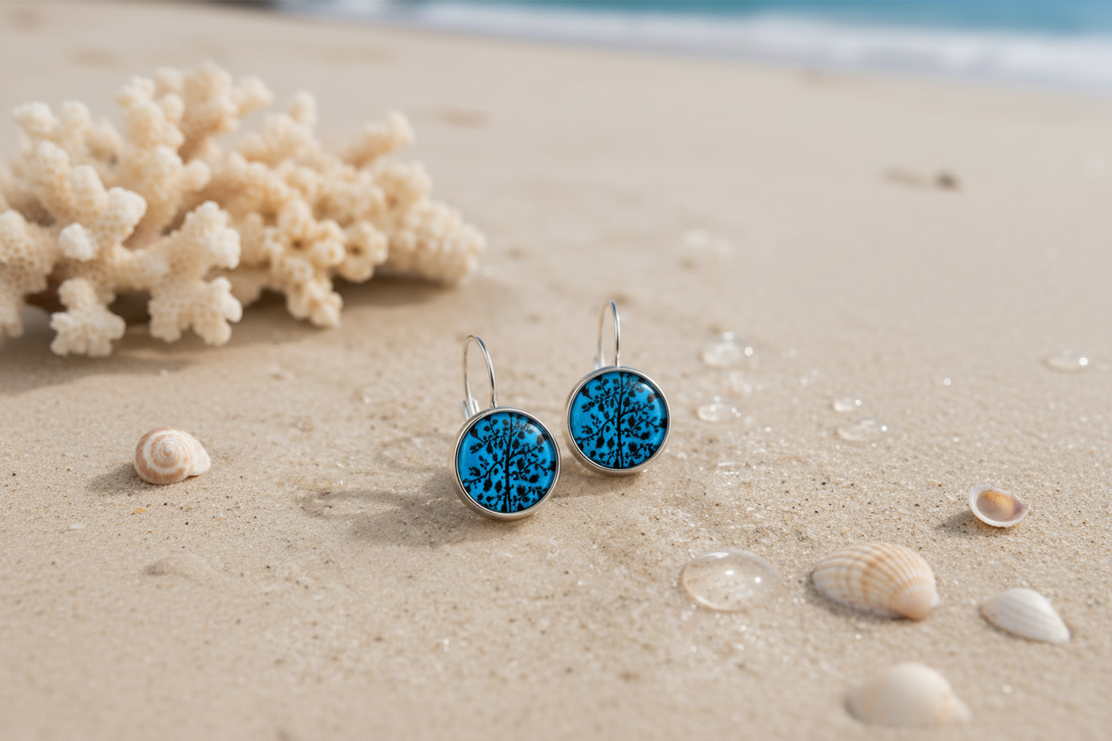 Teal blue Tree of Life earrings on sandy beach with coral