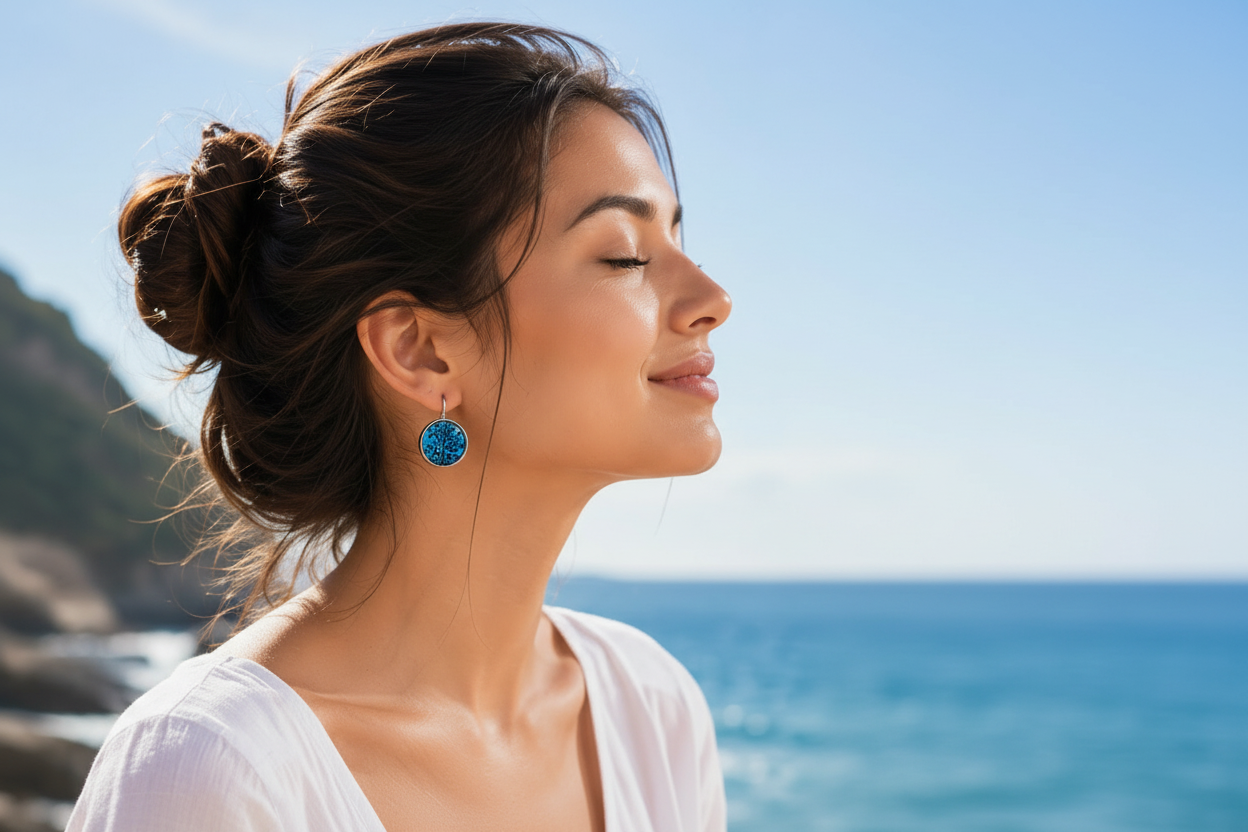 Woman wearing teal blue Tree of Life earrings by the ocean