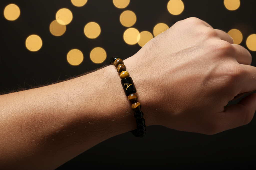 Man wearing personalised initial beaded bracelet with black onyx and tiger eye beads