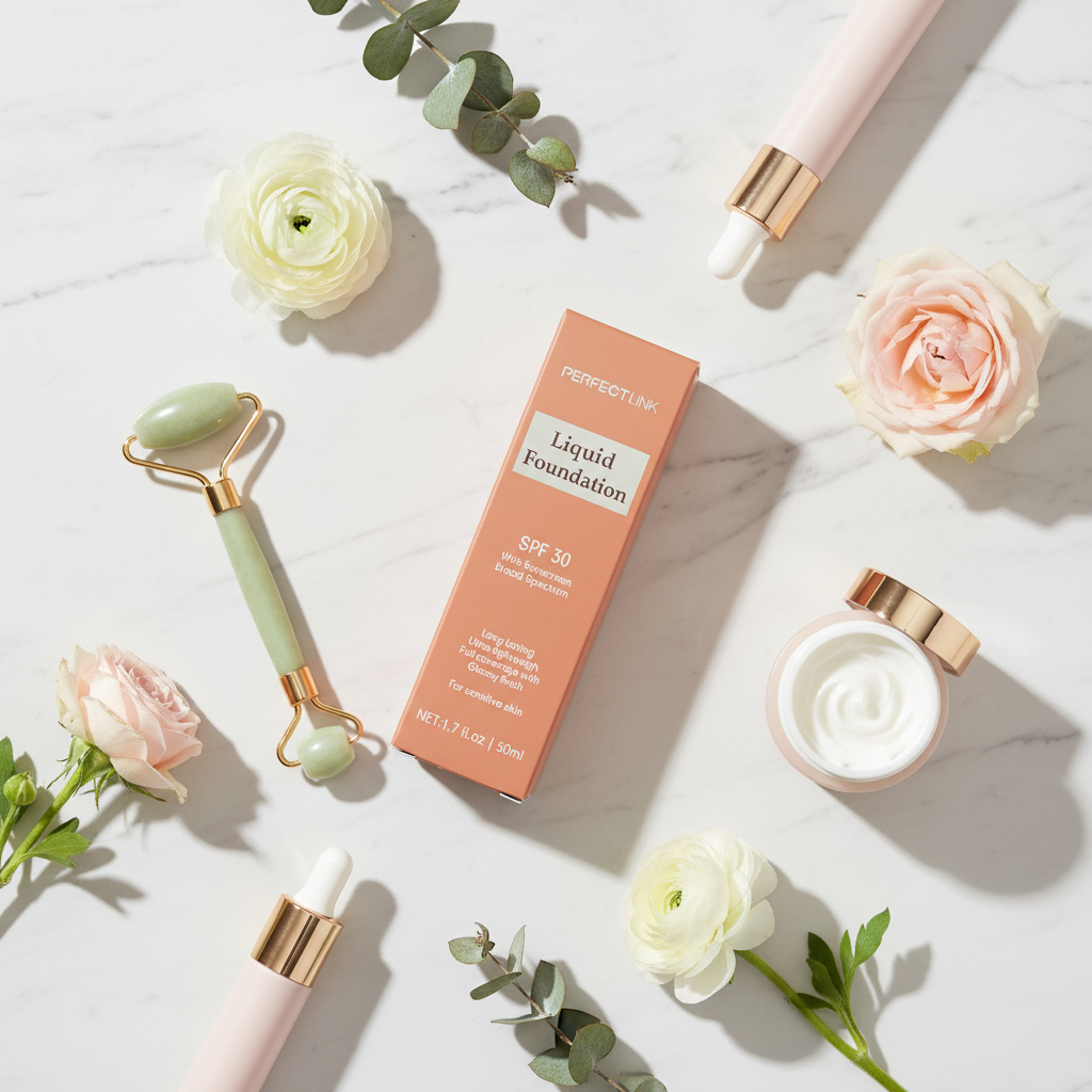PerfectLink Liquid Foundation SPF 30 – Skincare flat lay editorial