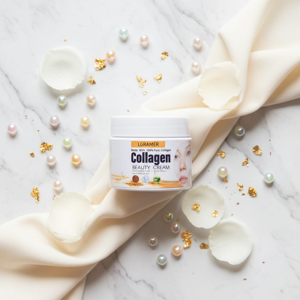 LGRAMER Collagen Beauty Cream flat lay with collagen pearls and rose petals on white marble