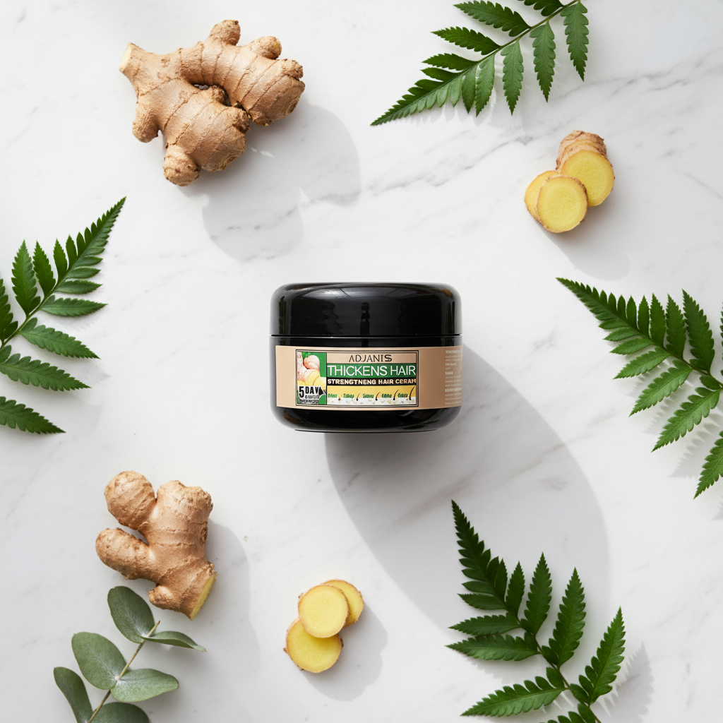 ADJANISS Thickens Hair Cream – white marble flat lay with ginger and botanicals