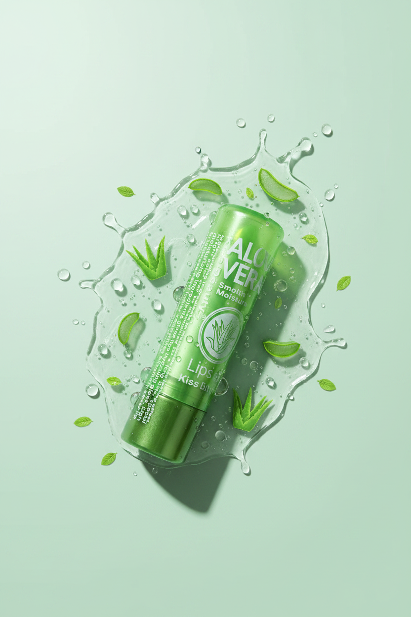 Kiss Beauty Aloe Vera Soothing Moisture Lip Balm hero botanical shot on mint green background