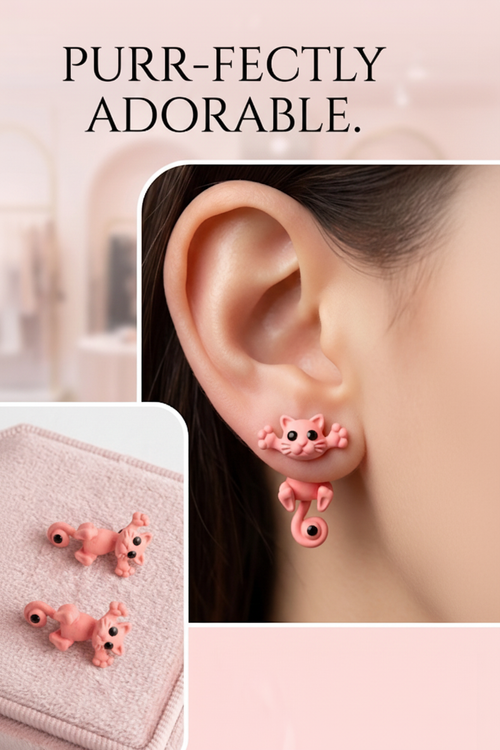 3D Pink Kitten Earrings - worn on ear lifestyle shot