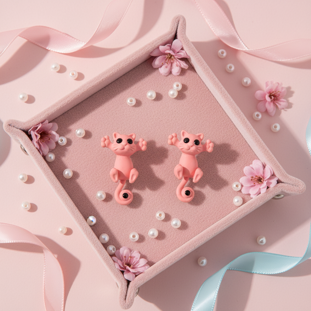 3D Pink Kitten Earrings - velvet tray flat lay