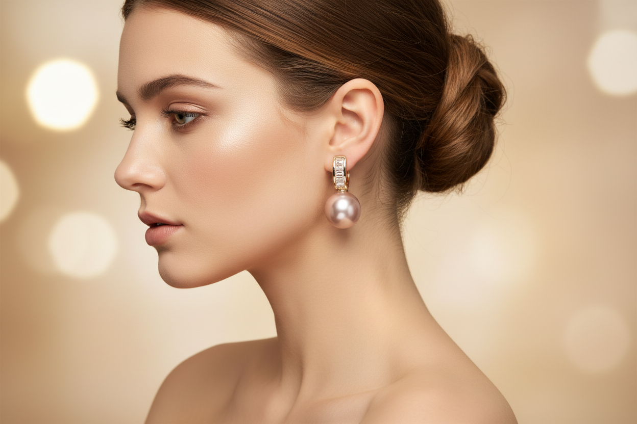 Woman wearing mauve pink pearl drop huggie hoop earrings