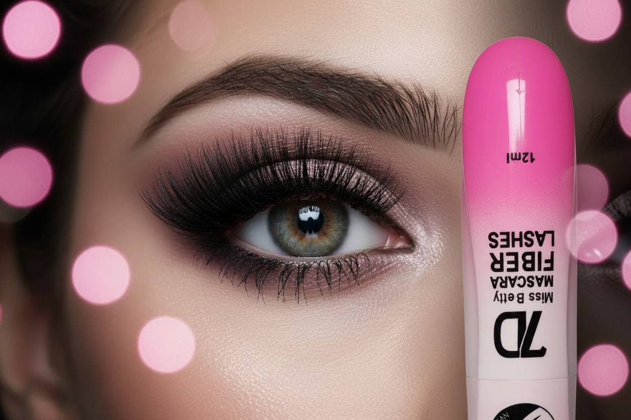 Close-up of dramatic volumised lashes with Miss Betty 7D Mascara upside down