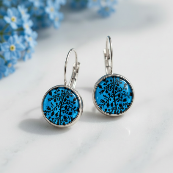 Teal Blue Tree of Life Glass Dome Earrings – Silver Lever-Back Drop Earrings