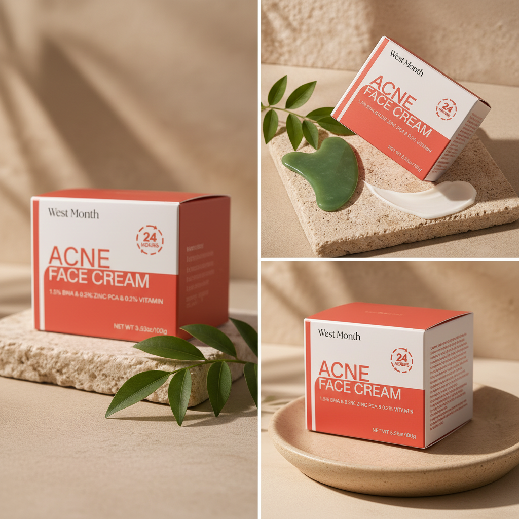 West Month Acne Face Cream - box on stone plate with gua sha