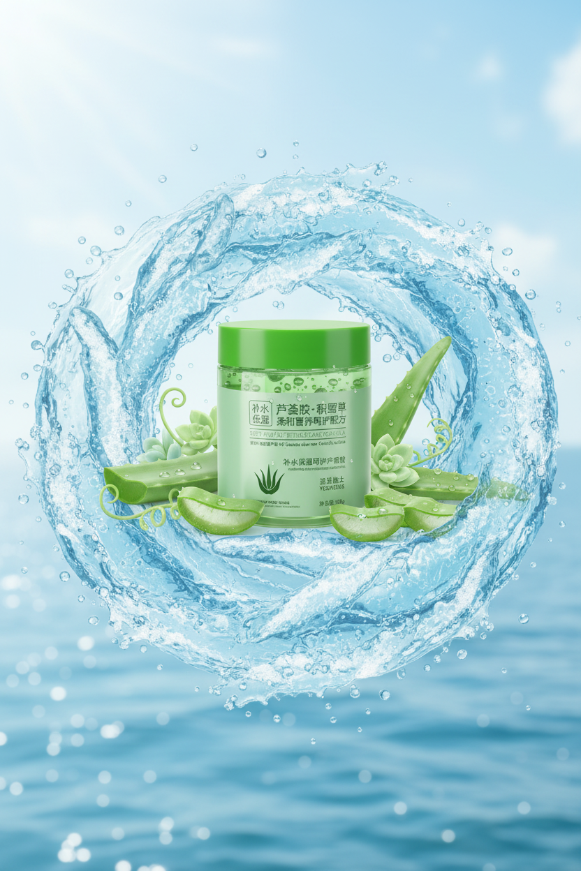 Aloe Vera Gel Cream cradled in ocean waves — portrait