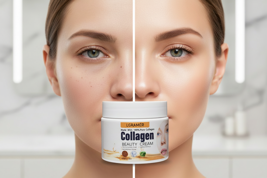 Before and after split face showing skin transformation with LGRAMER Collagen Beauty Cream