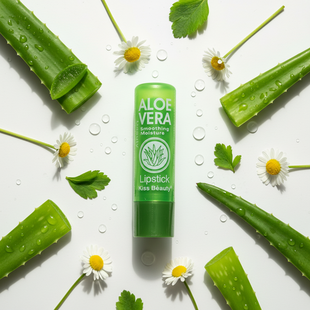 Kiss Beauty Aloe Vera Soothing Moisture Lip Balm flat lay with aloe leaves and daisies