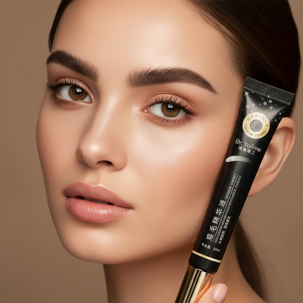 Dr. Yollme Eyebrow Essence model brow editorial with tube