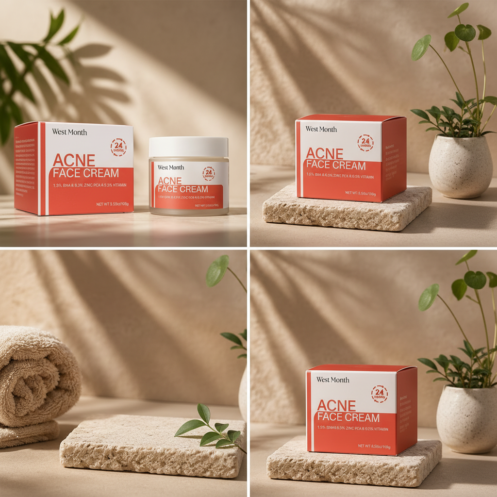 West Month Acne Face Cream - box with towel and vase lifestyle